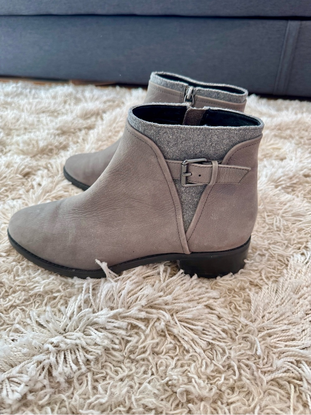 Caslon Gray Suede Ankle Booties with Felt Collar and Side Buckle